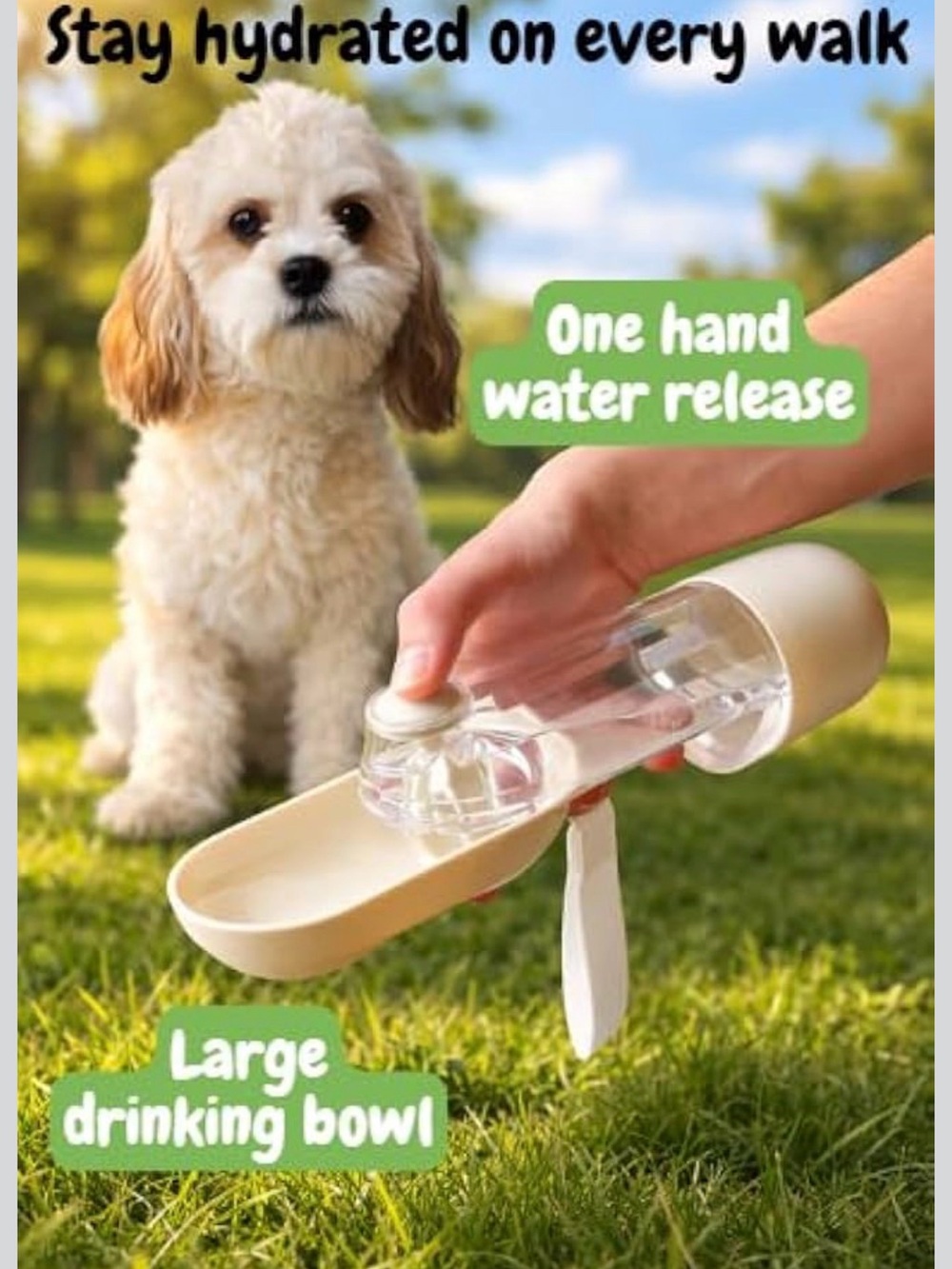 Portable Cream Dog Water Bottle with Built-In Bowl - Picture 1 of 6